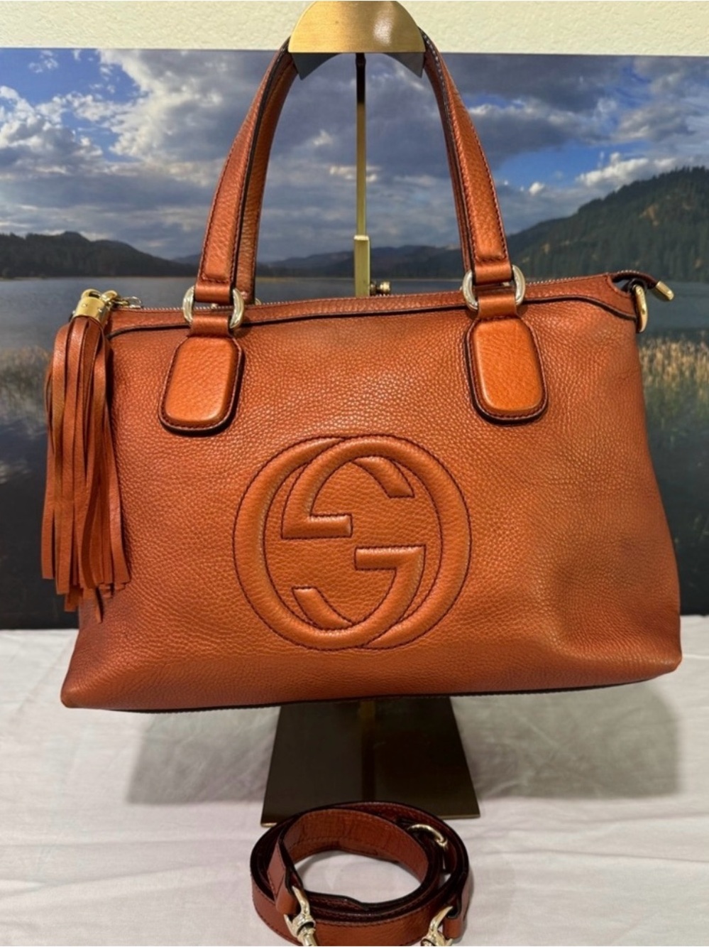 Gucci Pebbled Calfskin Small Soho Top Handle Bag Metallic Copper